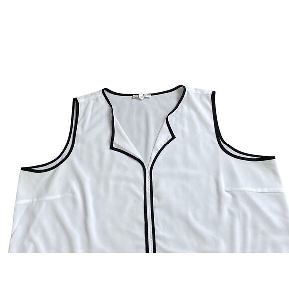 SPENSE Womens Plus Size 2X Sleeveless White Black Trim Pleated V Neck Tank Shirt - Picture 3 of 5
